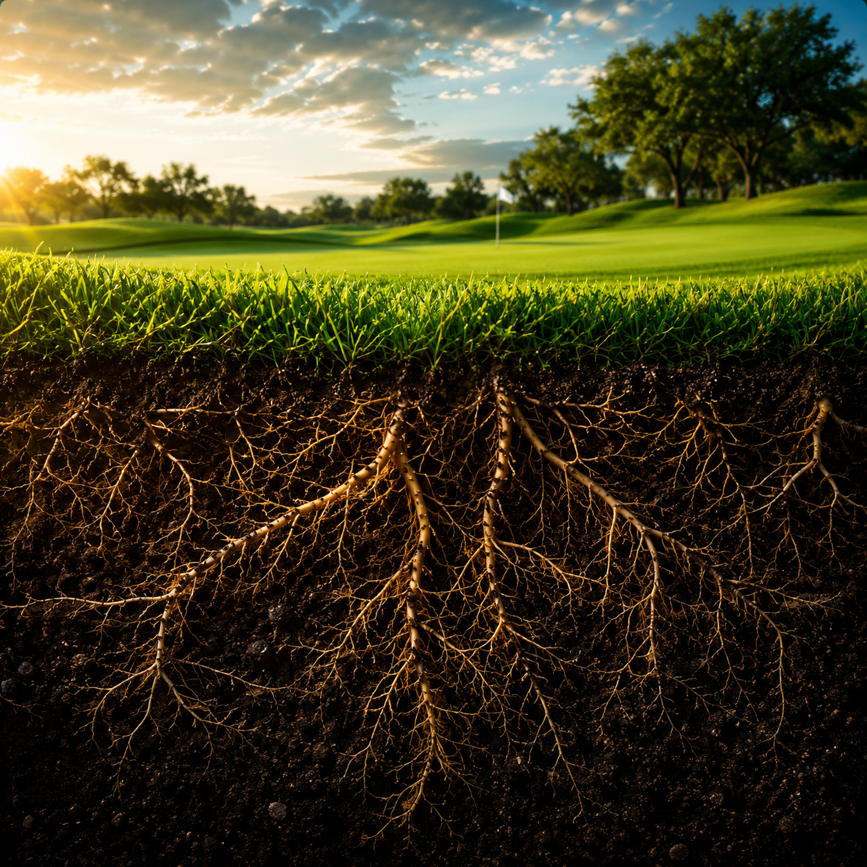 Cross-section of a golf green showing healthy turf above and active roots below the surface